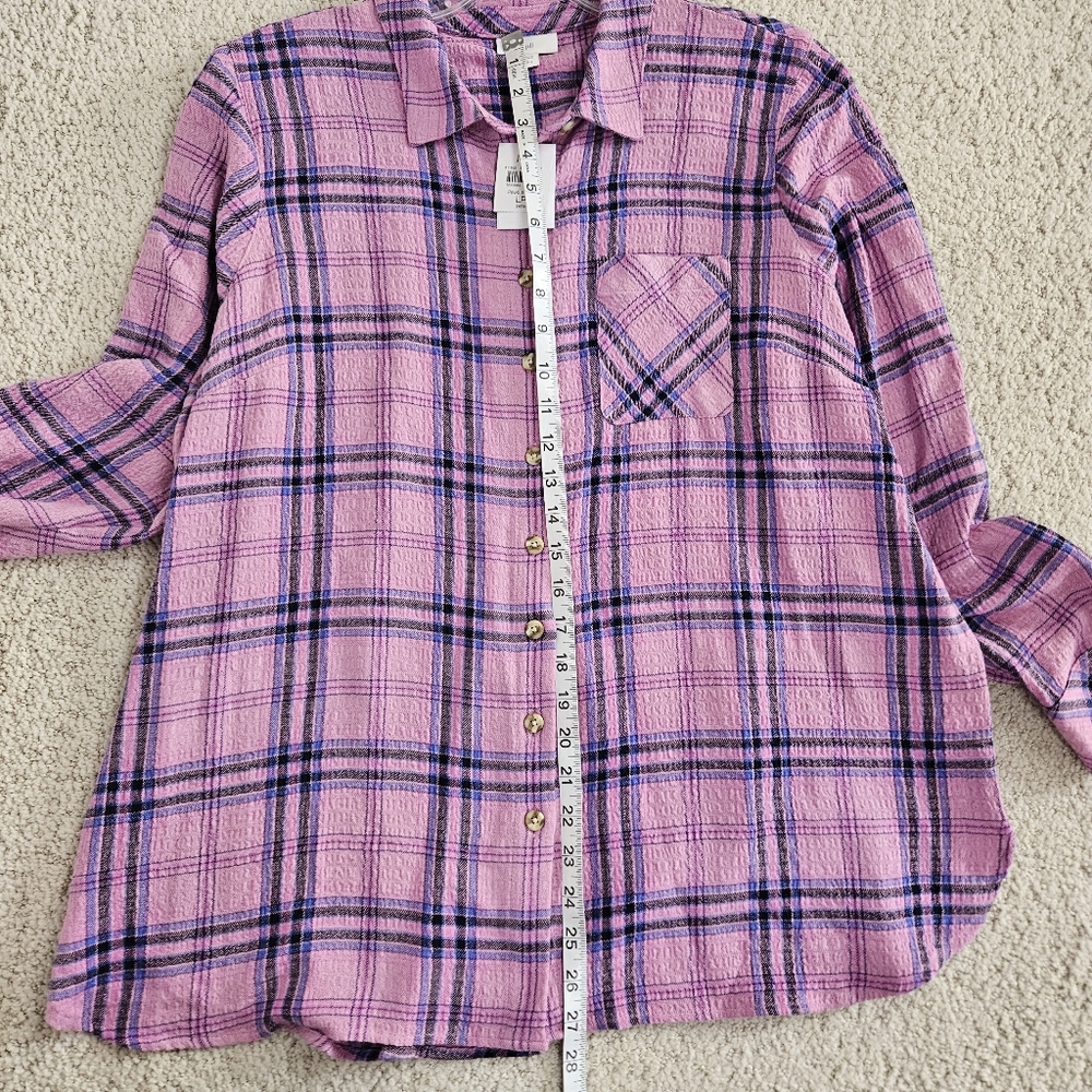 J Jill Tunic Shirt Pink Plaid Texture Crinkled Button Up Womens L Petite Loose - Picture 5 of 8